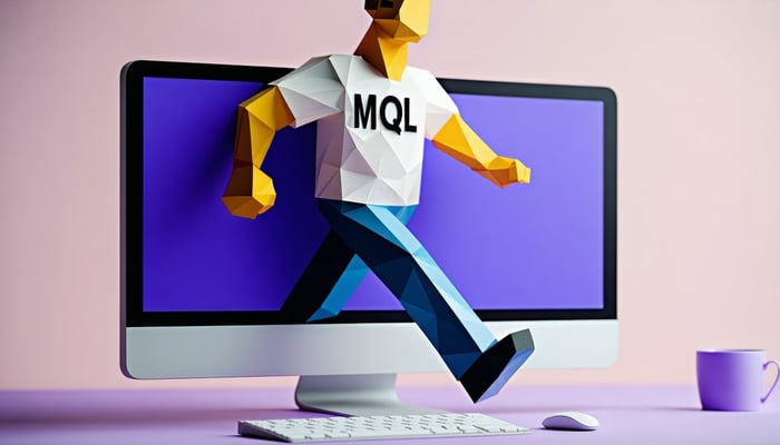 A cartoon character on a computer screen wearing a shirt that says MQL walking out of the screen-1