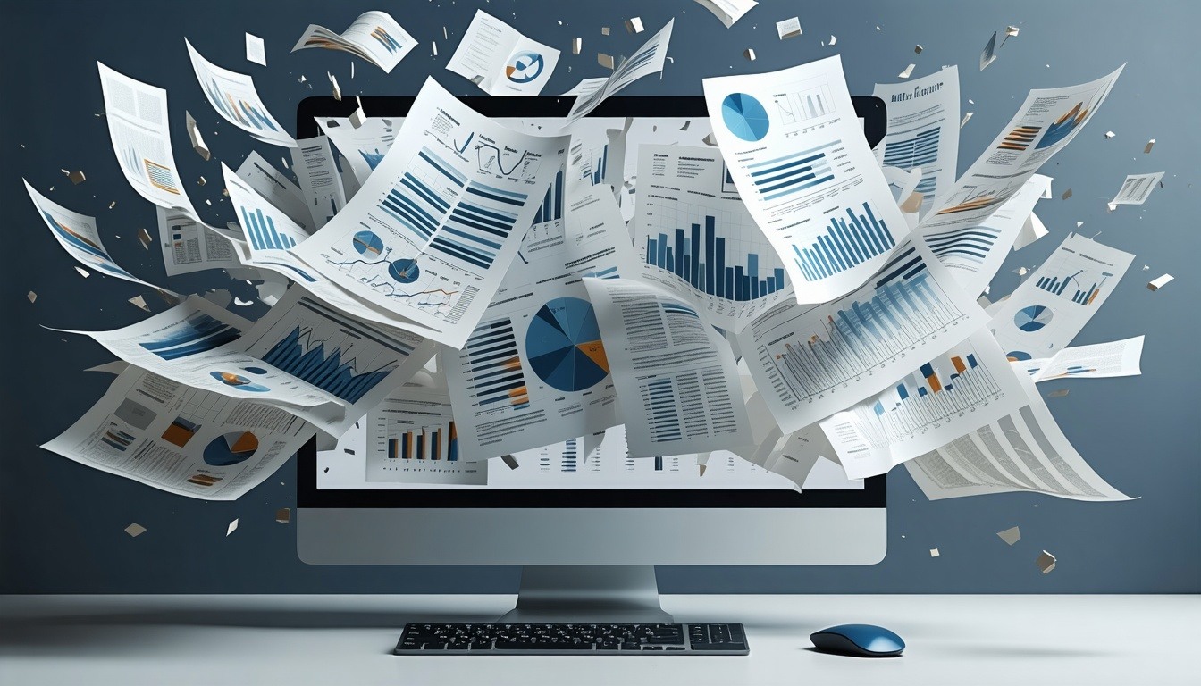 Tons of business reports bursting out of a computer screen in an explosion like way-3