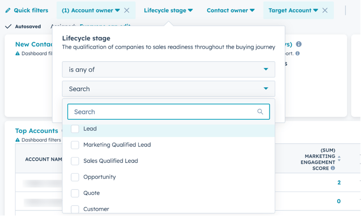 One of the quick filters on a ClearPivot dashboard