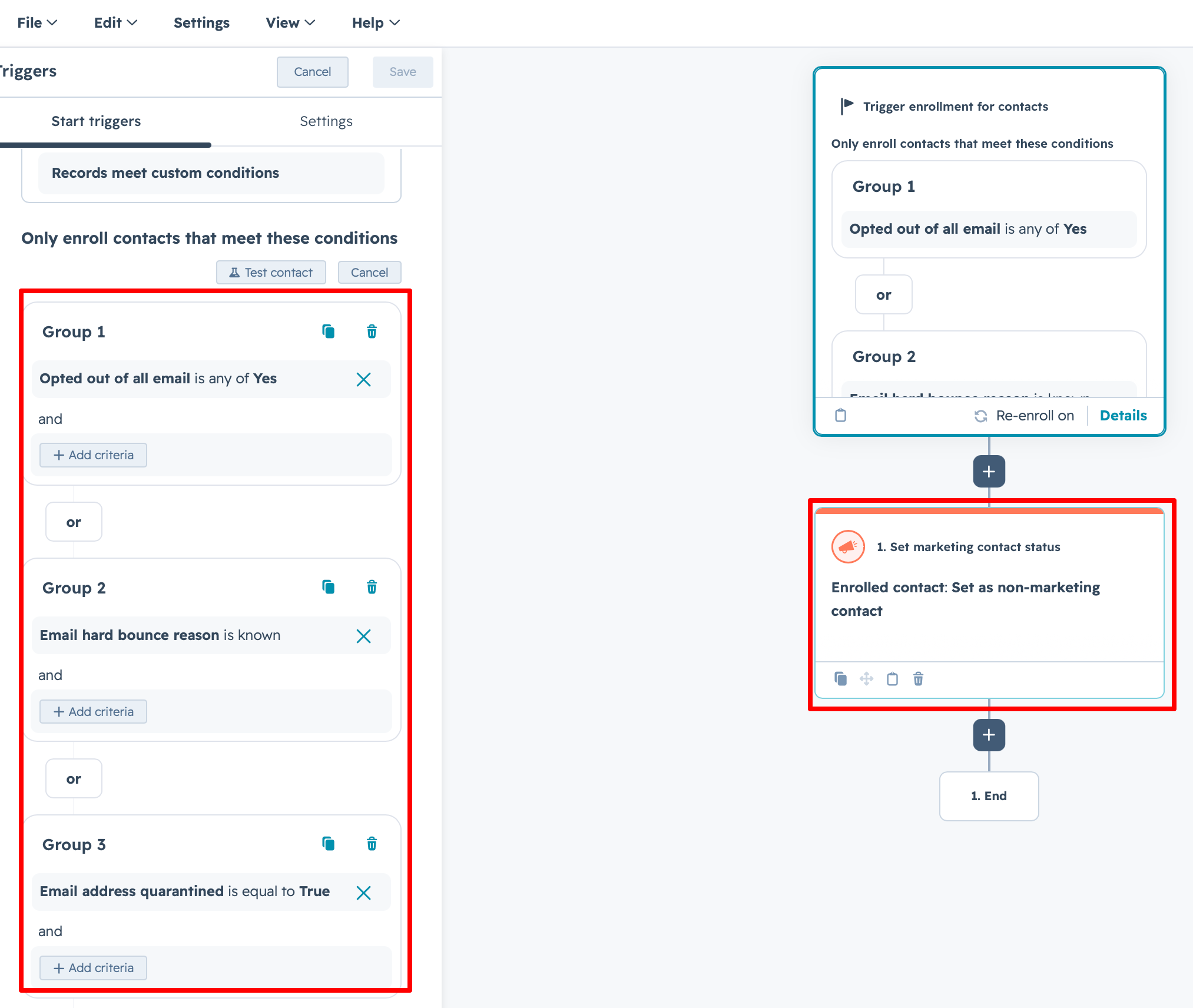 A screenshot of a HubSpot workflow to set ineligible contacts as non-marketing contacts
